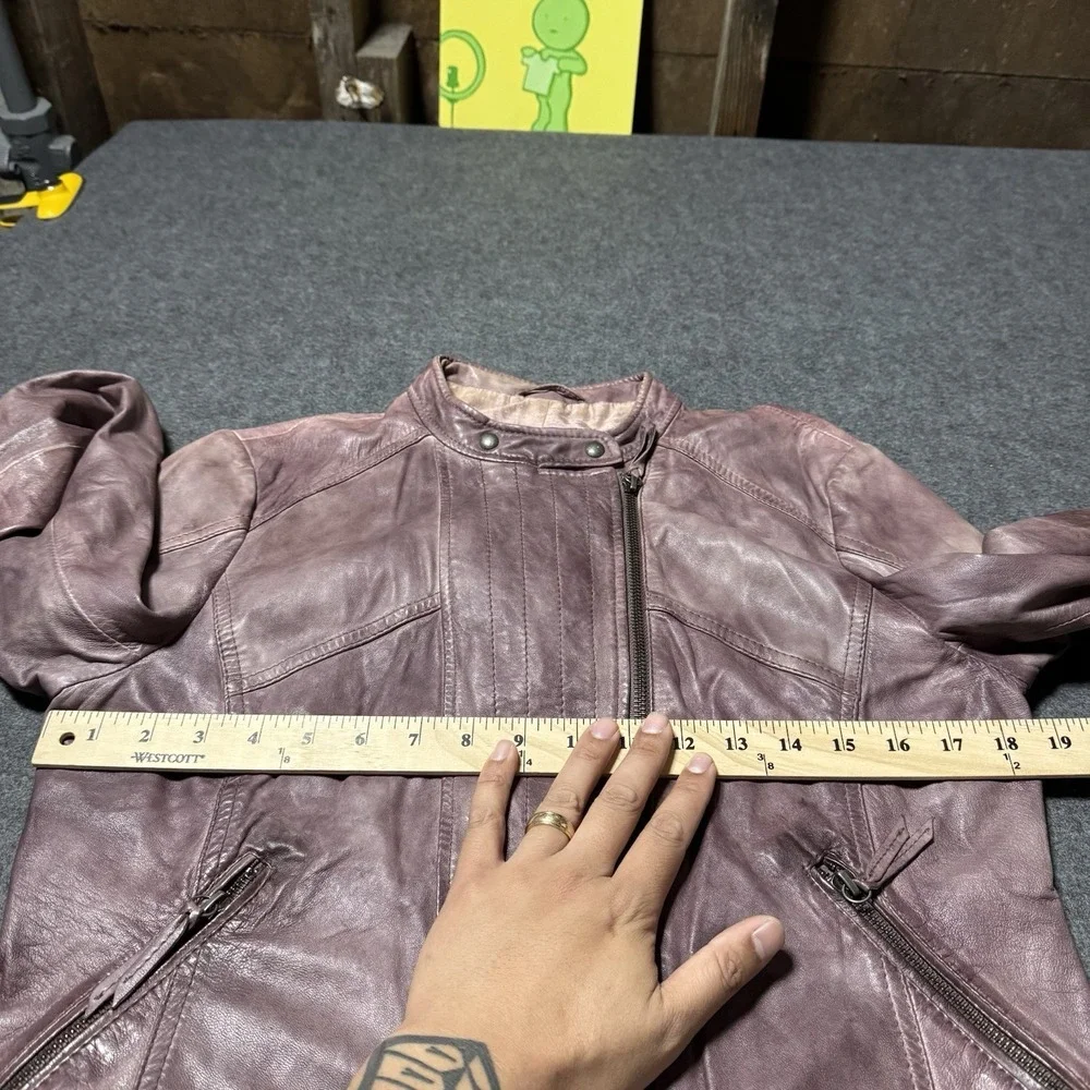 VTG Y2K Hugo Boss Orange Womens Genuine Leather‎ Moto Jacket Size M 18.5x21 Goth - Picture 6 of 9